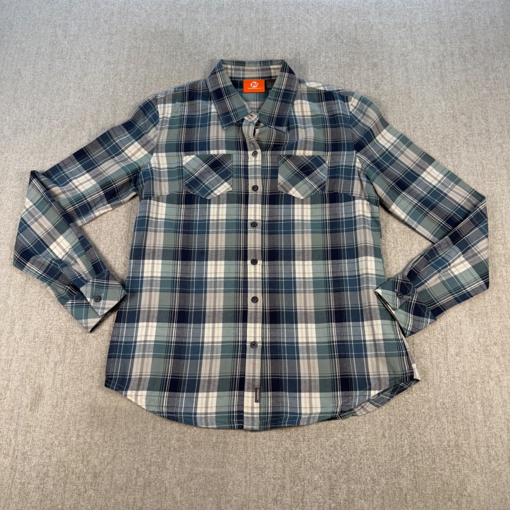 Merrell Button Down Shirt Womens Small Blue Green Plaid Long Sleeve Cotton